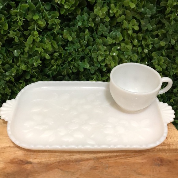 Dining Serving Glass Plate White Floral Design With Teacup Poshmark